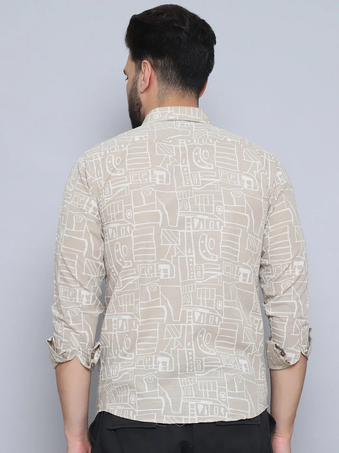Beige Printed Cotton Shirt - Mens Casual Shirt | Style9