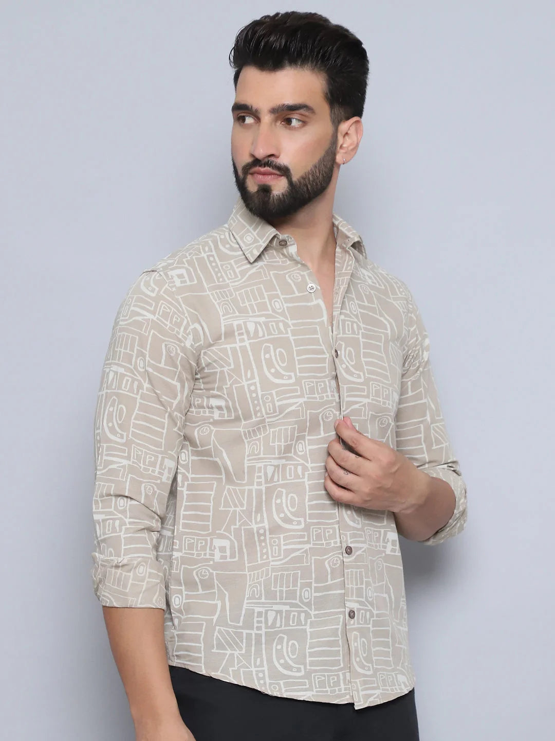 Beige Printed Cotton Shirt - Mens Casual Shirt | Style9