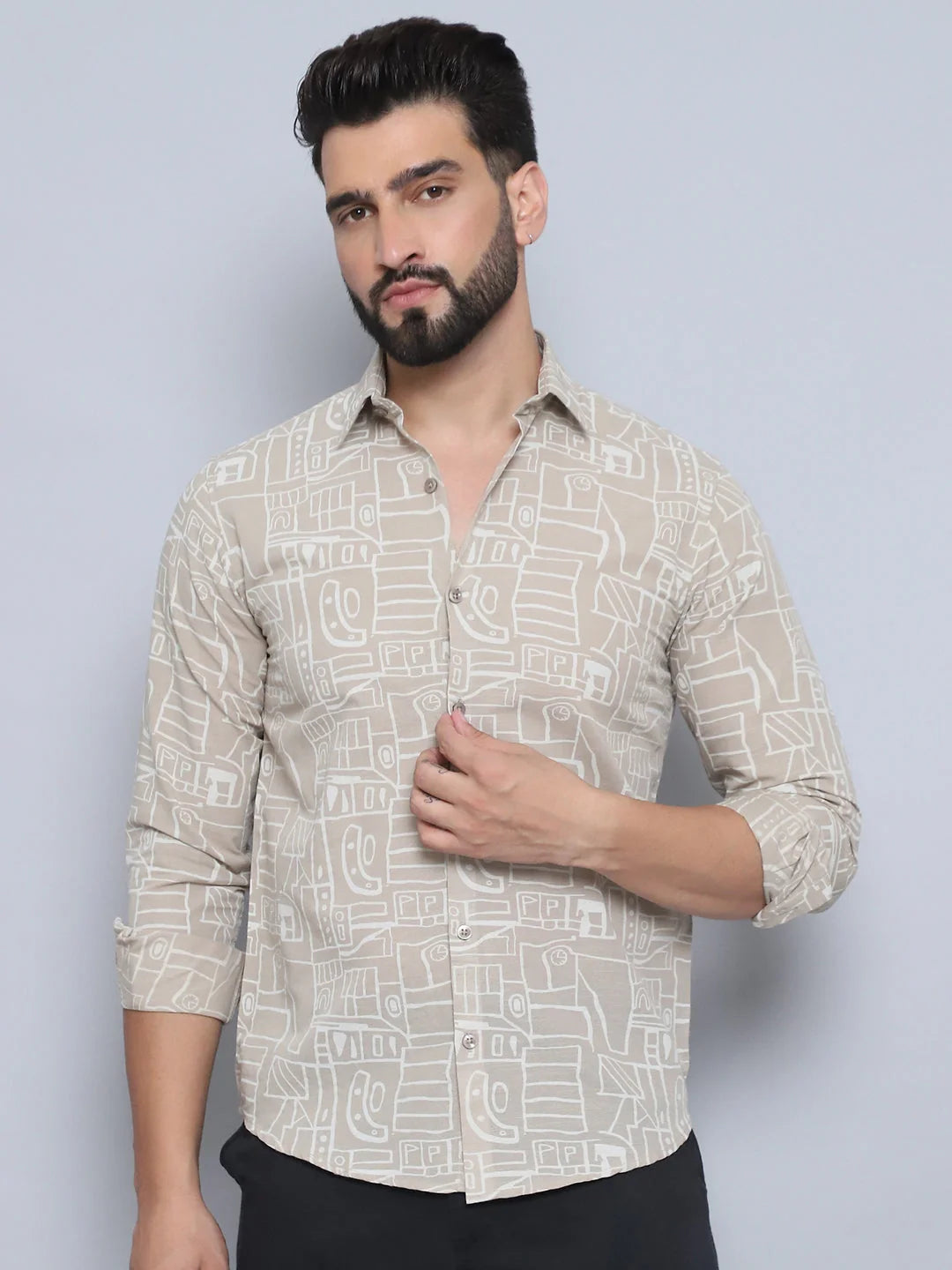 Beige Printed Cotton Shirt - Mens Casual Shirt | Style9