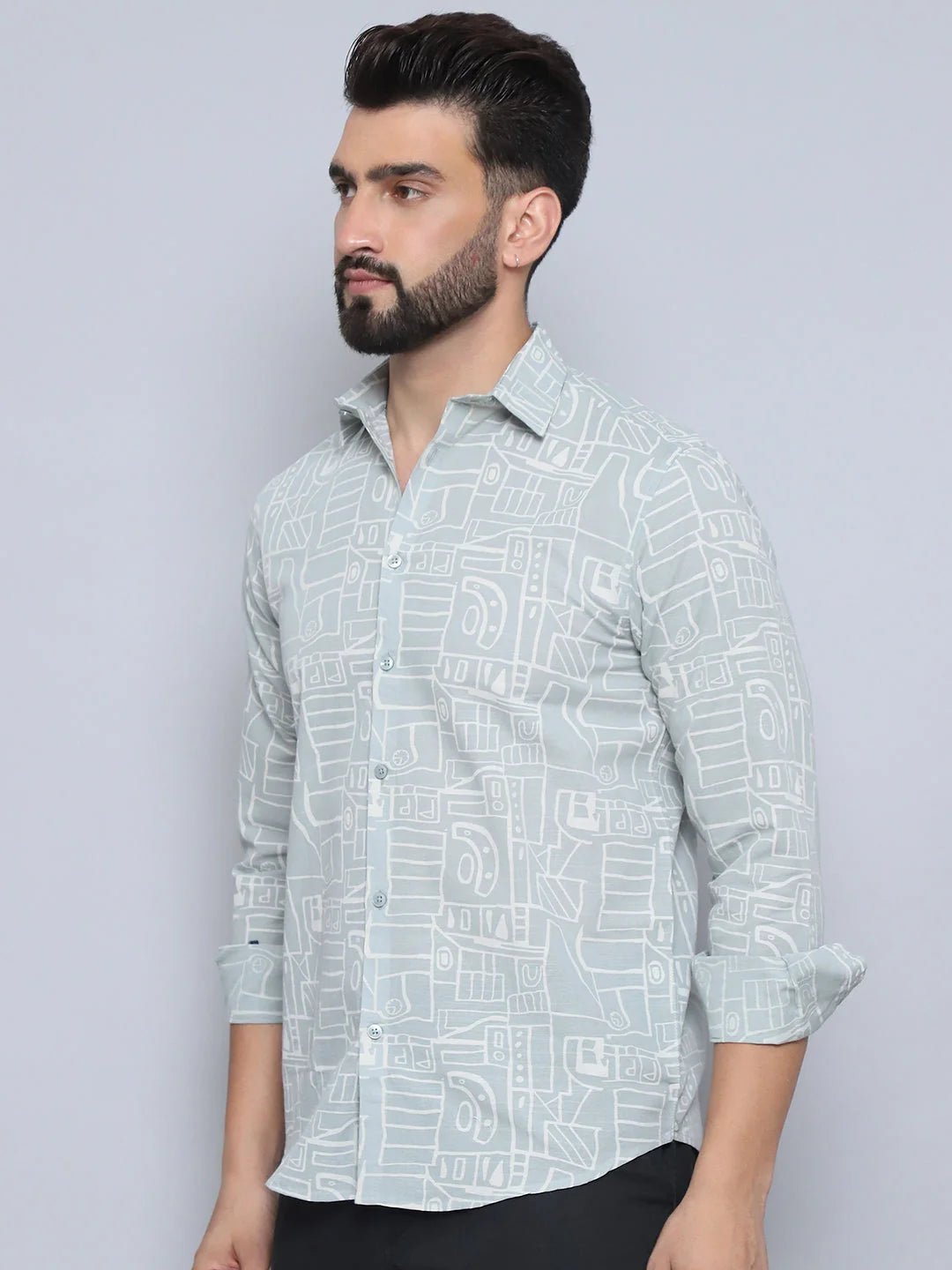 Men's Pista Green Printed Shirt - Casual Cotton Shirt
