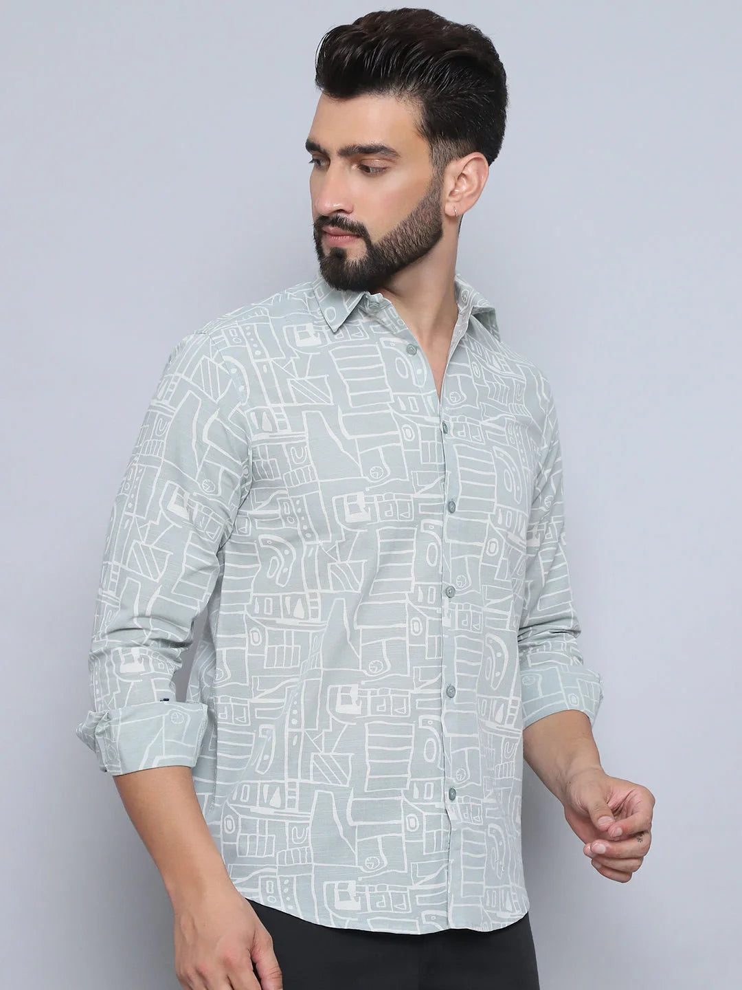 Men's Pista Green Printed Shirt - Casual Cotton Shirt