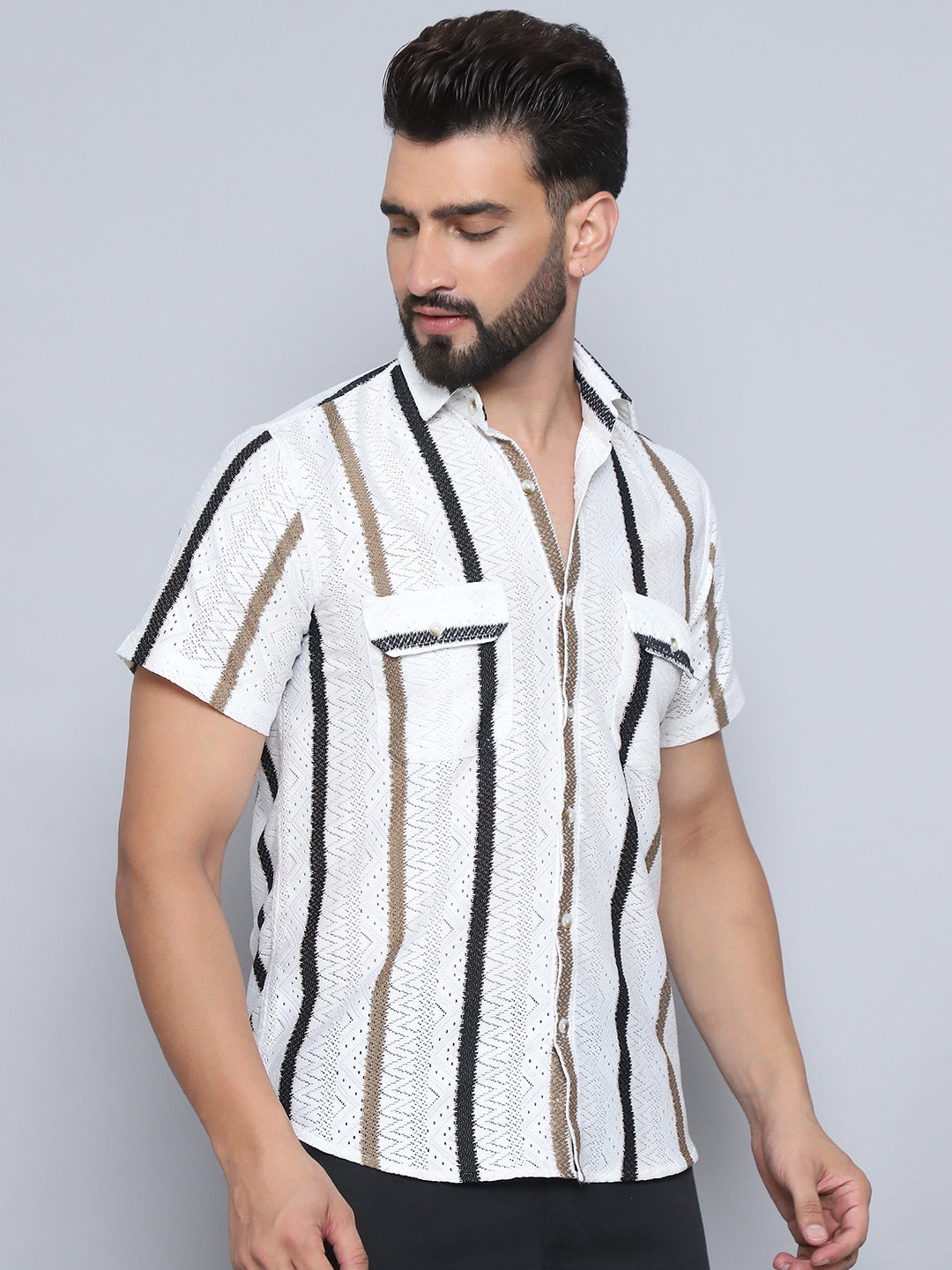 Brown Striped Mens Shirt - Semi Sheer Cotton Shirt