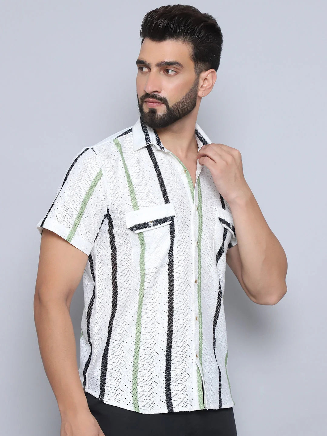 Green Striped Mens Shirt - Semi Sheer Cotton Shirt
