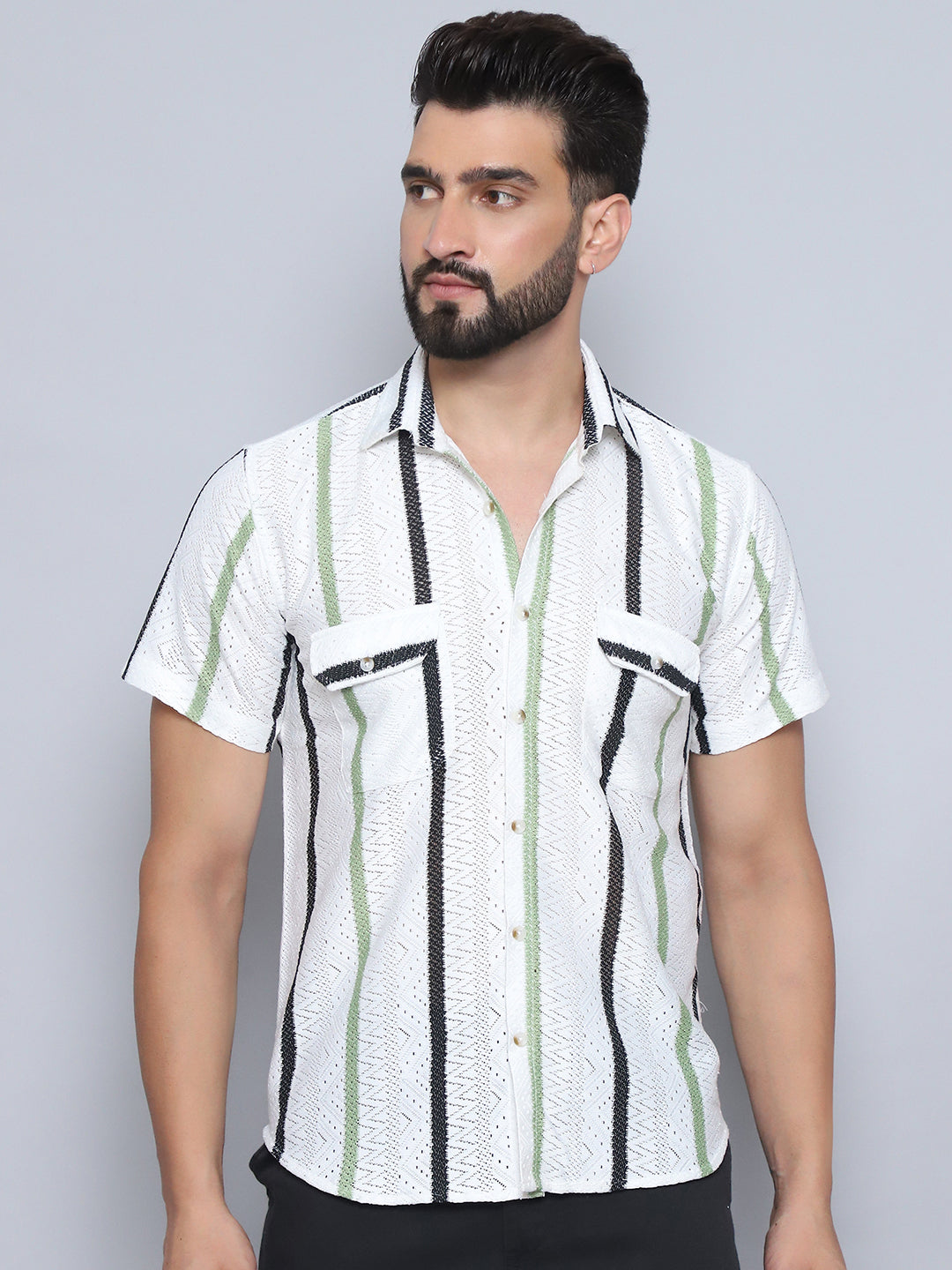 Green Striped Mens Shirt - Semi Sheer Cotton Shirt