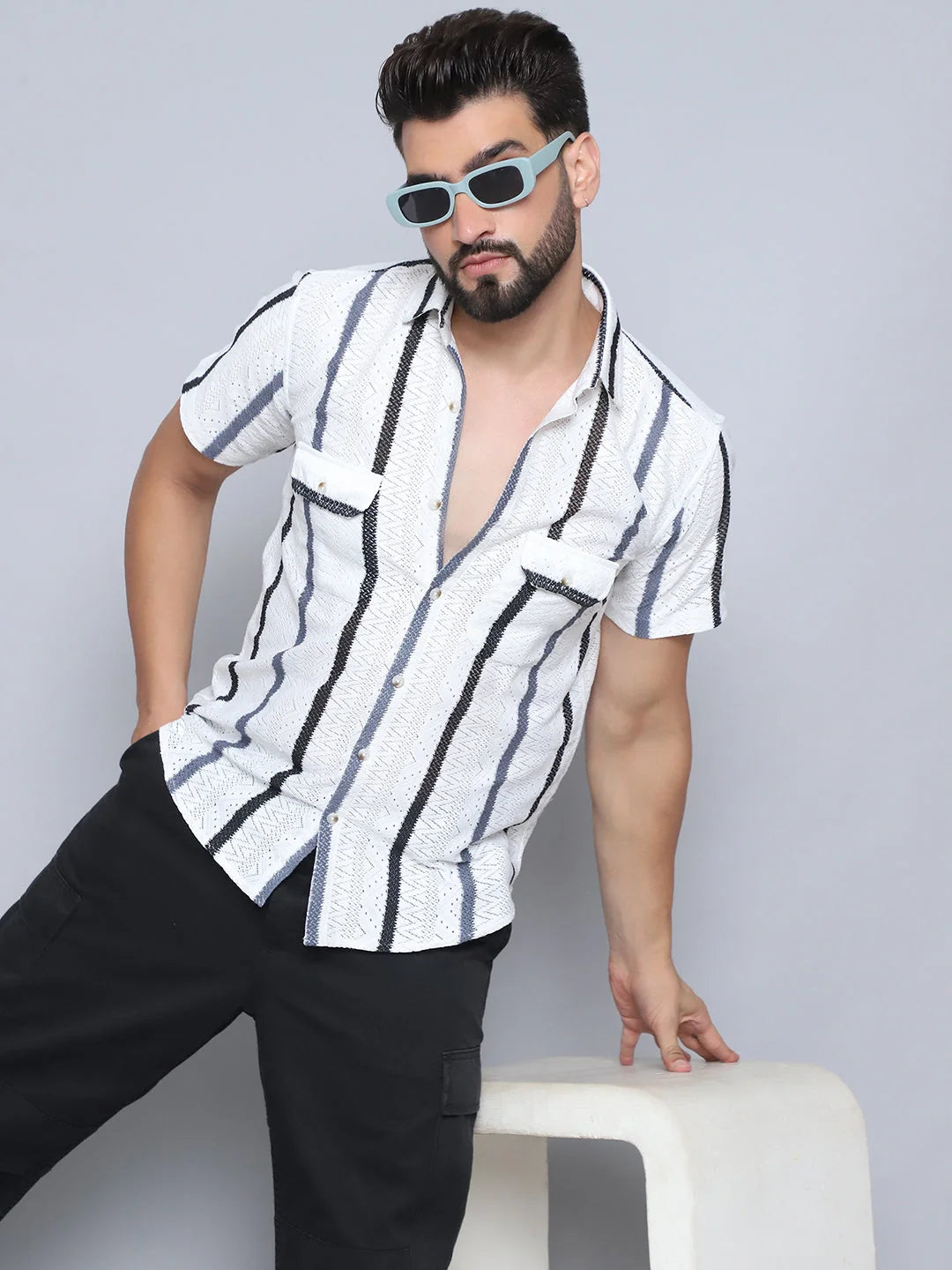 Grey Striped Mens Shirt - Semi Sheer Cotton Shirt