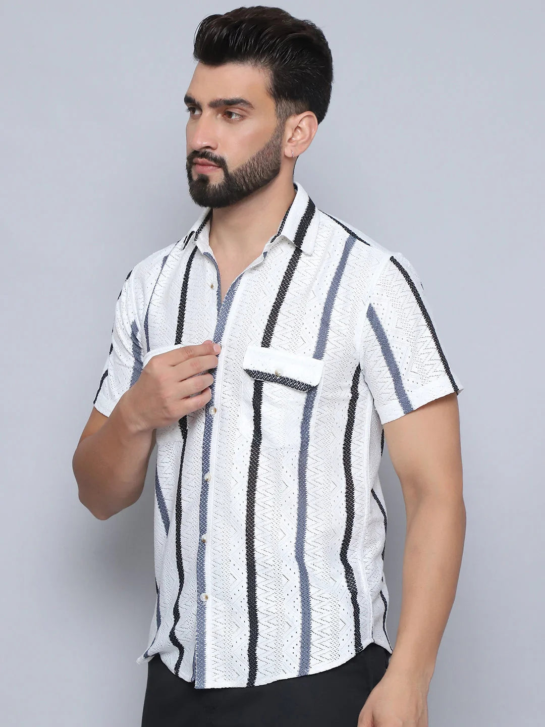 Grey Striped Mens Shirt - Semi Sheer Cotton Shirt