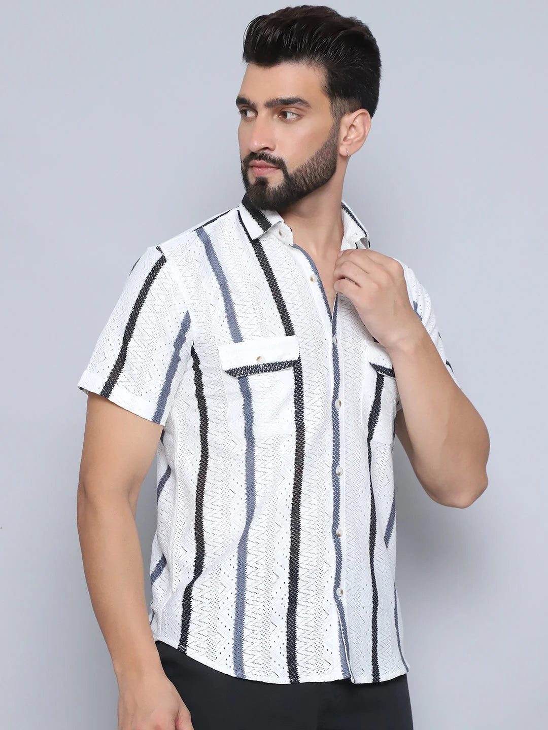 Grey Striped Mens Shirt - Semi Sheer Cotton Shirt