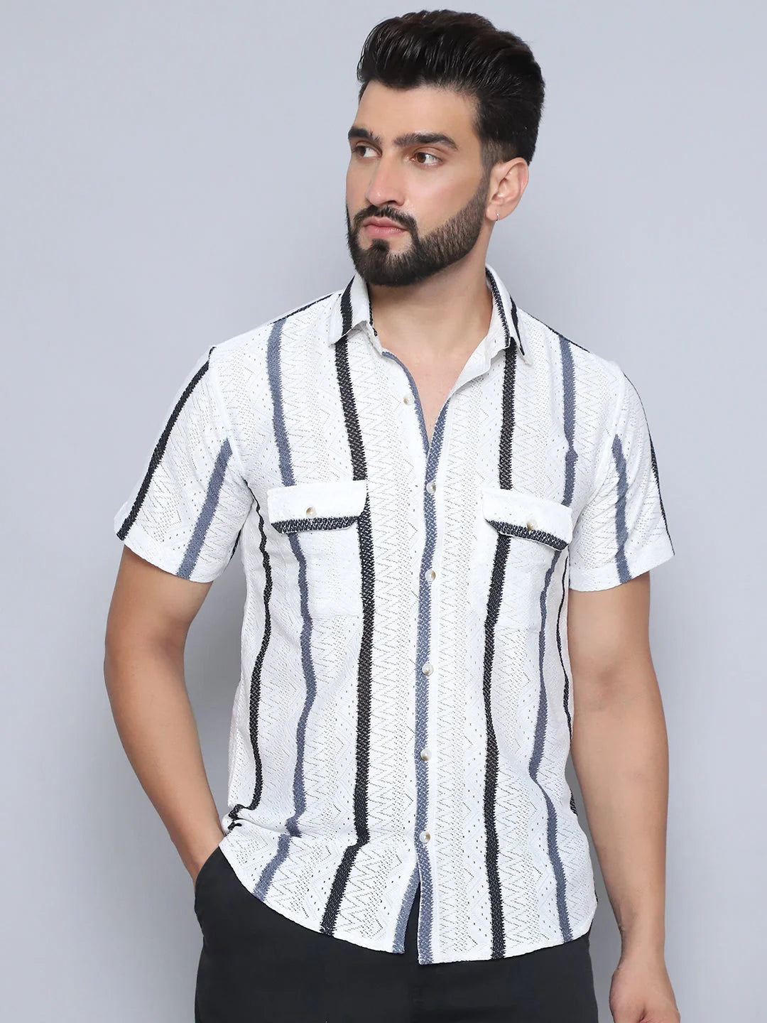 Grey Striped Mens Shirt - Semi Sheer Cotton Shirt
