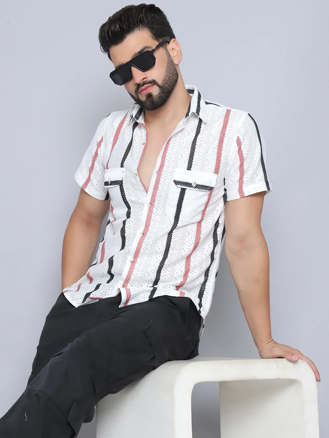 Peach Striped Mens Shirt - Semi Sheer Cotton Shirt