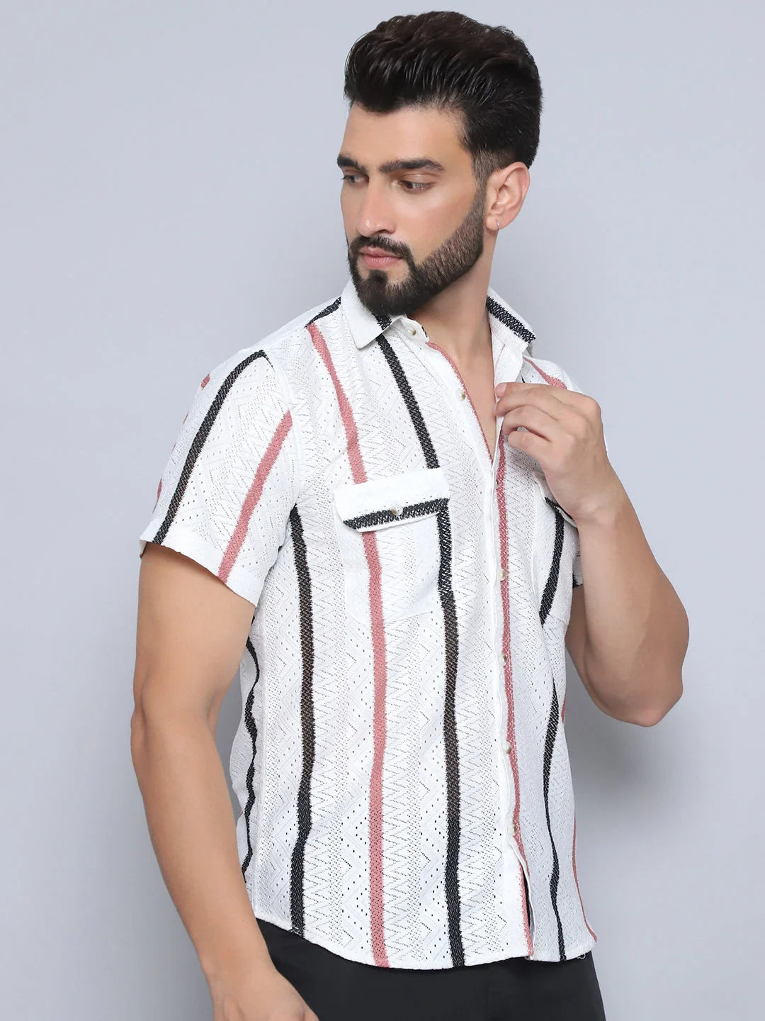 Peach Striped Mens Shirt - Semi Sheer Cotton Shirt