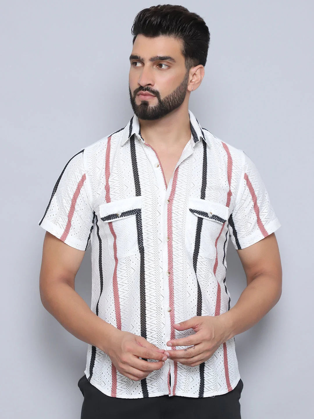 Peach Striped Mens Shirt - Semi Sheer Cotton Shirt
