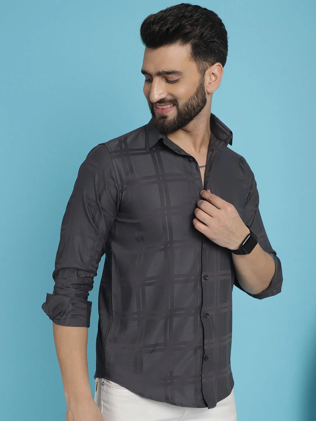 Charcoal Grey Checked Casual Shirt - Premium Cotton Mens Shirt