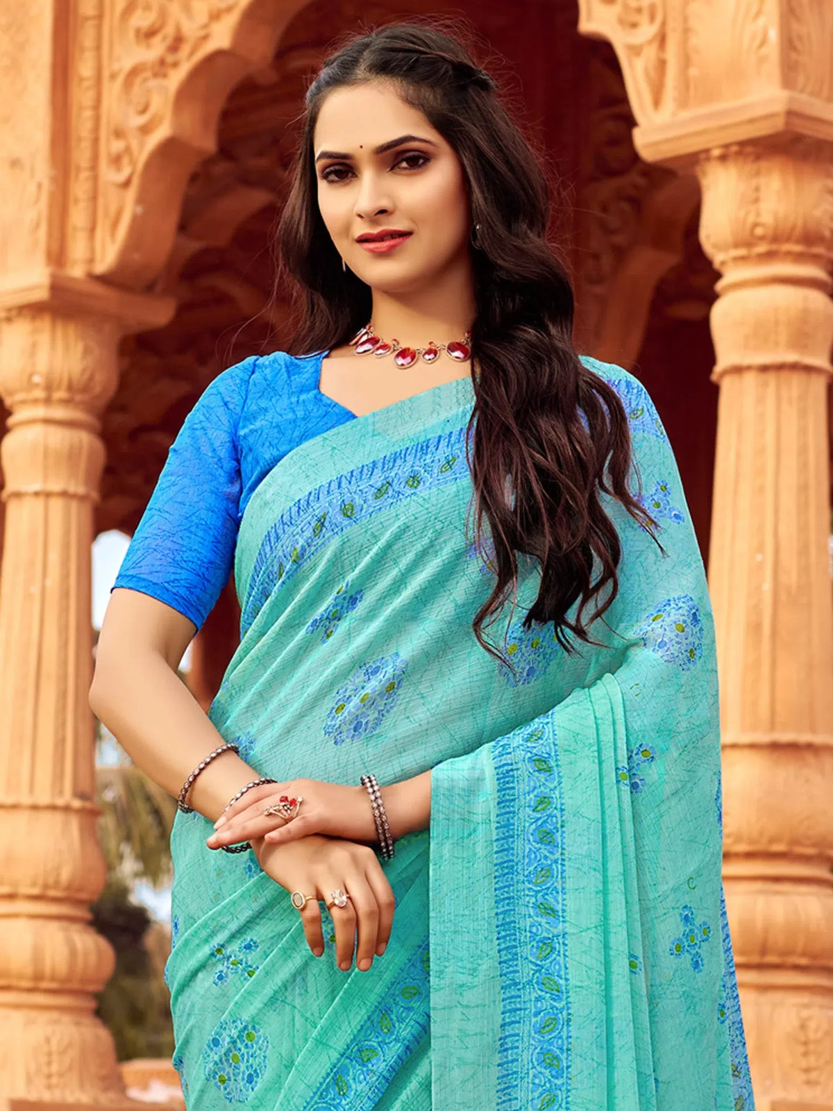 Women's Chiffon Light Blue Printed Designer Saree With Blouse Piece-STARCFN31203D