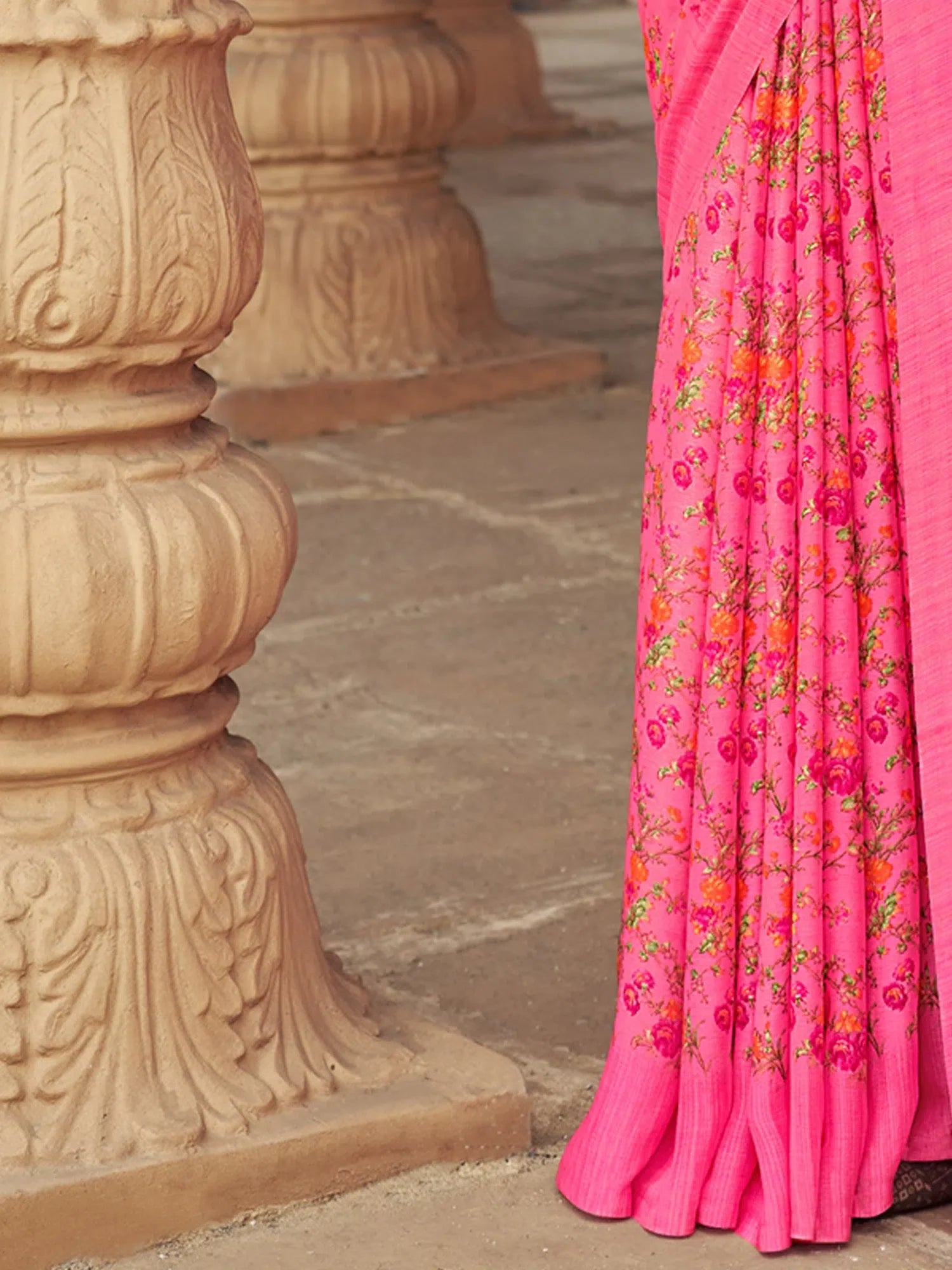 Pink Printed Polyester Saree | Designer Sarees India