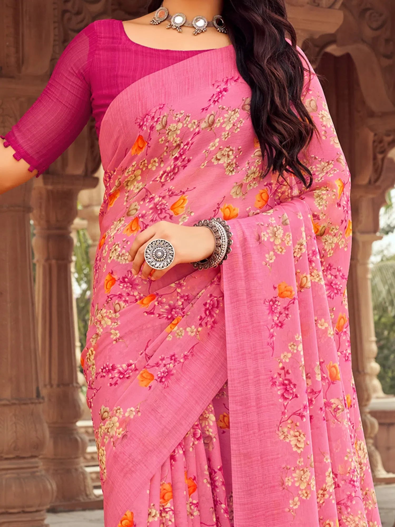 Pink Floral Printed Polyester Saree | Designer Sarees India