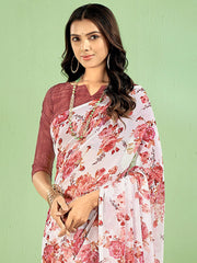 Women's Satin Blue Digital Print Designer Saree With Blouse Piece-KLORA332005