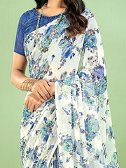 Women's Chiffon White Printed Designer Saree With Blouse Piece-STARCFN31801D