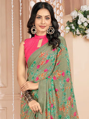 Women's Satin Blue Printed Designer Saree With Blouse Piece-KLUTCH330009A
