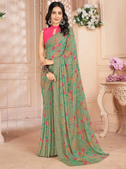Women's Satin Blue Printed Designer Saree With Blouse Piece-KLUTCH330009A