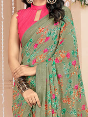 Women's Satin Blue Printed Designer Saree With Blouse Piece-KLUTCH330009A