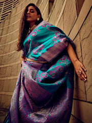 Women's Satin Teal Blue Woven Design Designer Saree With Blouse Piece-STBRASO1604