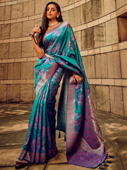 Women's Satin Teal Blue Woven Design Designer Saree With Blouse Piece-STBRASO1604