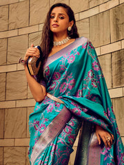 Women's Satin Teal Blue Woven Design Designer Saree With Blouse Piece-STBRASO1604