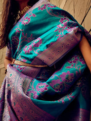 Women's Satin Teal Blue Woven Design Designer Saree With Blouse Piece-STBRASO1604