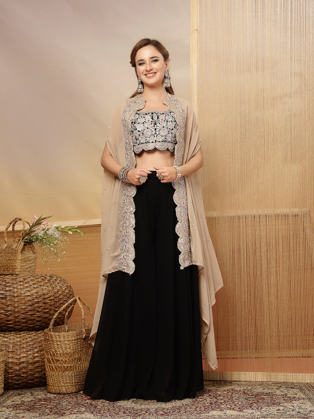 Women's Black Solid & Embroidered Crape Silk Co-Ord Set (STDBLACKKOPAR
