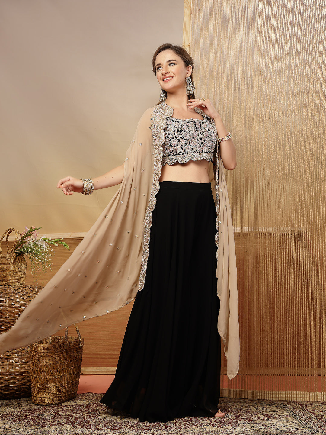 Women's Black Solid & Embroidered Crape Silk Co-Ord Set (STDBLACKKOPAR