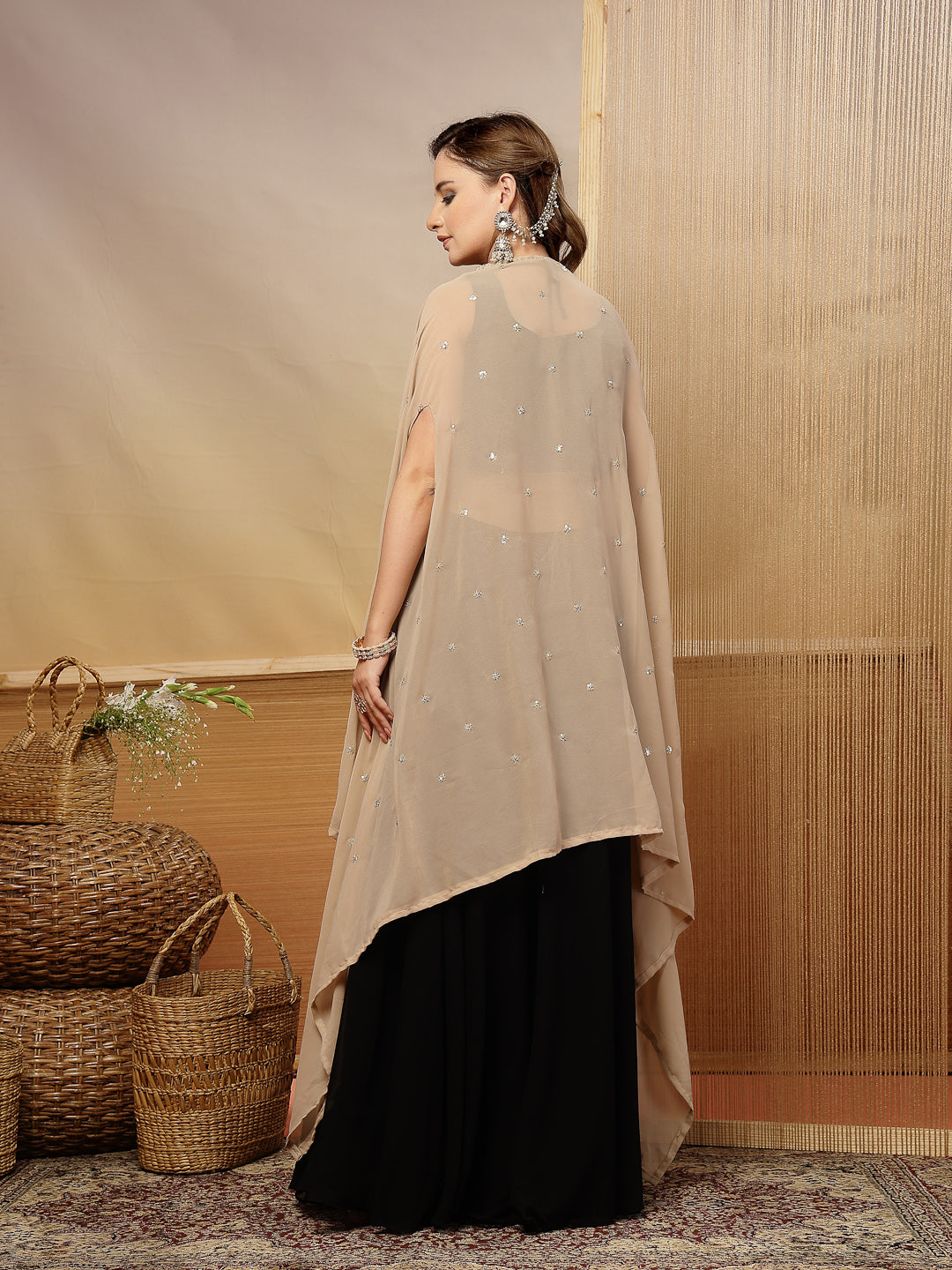 Women's Black Solid & Embroidered Crape Silk Co-Ord Set (STDBLACKKOPAR
