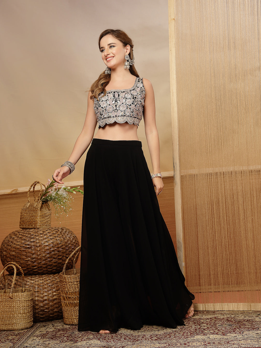 Women's Black Solid & Embroidered Crape Silk Co-Ord Set (STDBLACKKOPAR