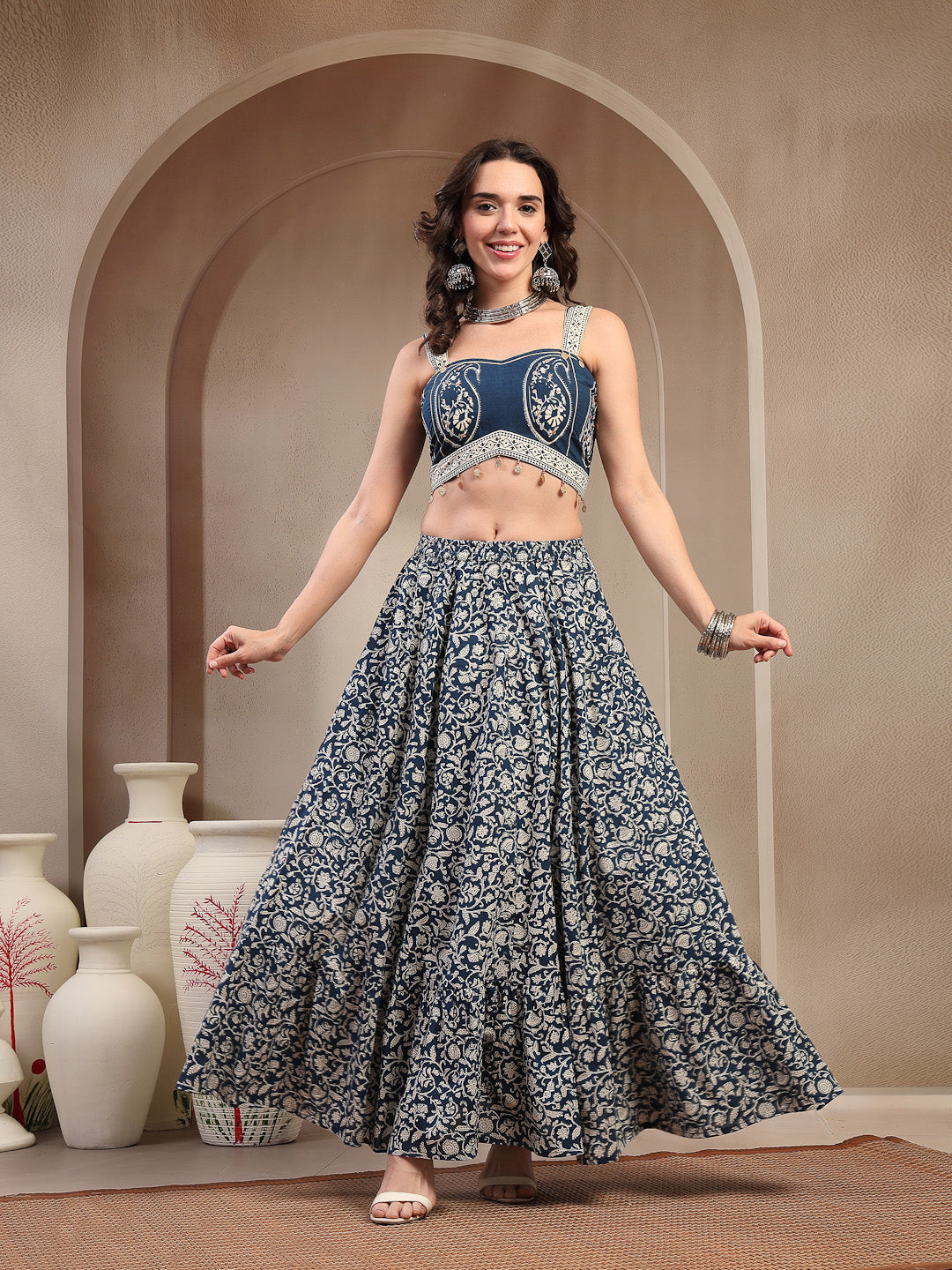 Women's Indigo Ethnic Printed Cotton Peplum Top With Skirt (STINDIGOSA