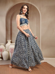 Stylum Women's Indigo Ethnic Printed Cotton Peplum Top With Skirt (STINDIGOSARAS)