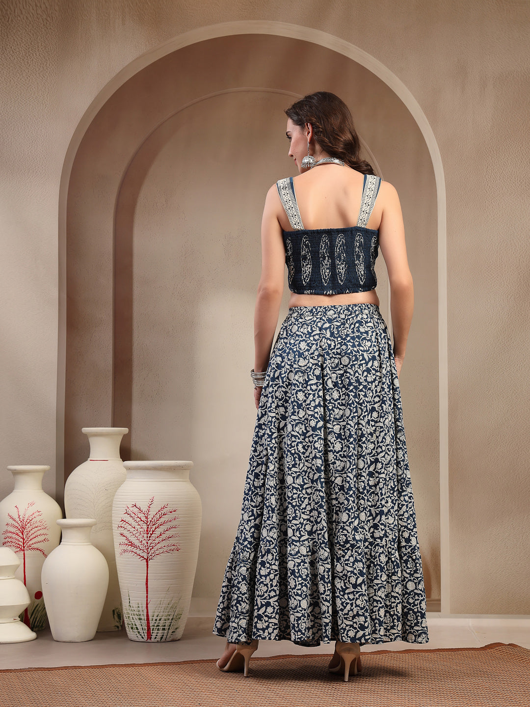 Women's Indigo Ethnic Printed Cotton Peplum Top With Skirt (STINDIGOSA