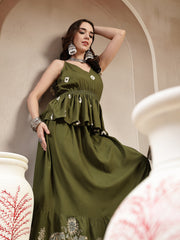 Stylum Women's Green Bandhej Printed Rayon Short Peplum Top With Skirt (STOLIVEMAHIR)
