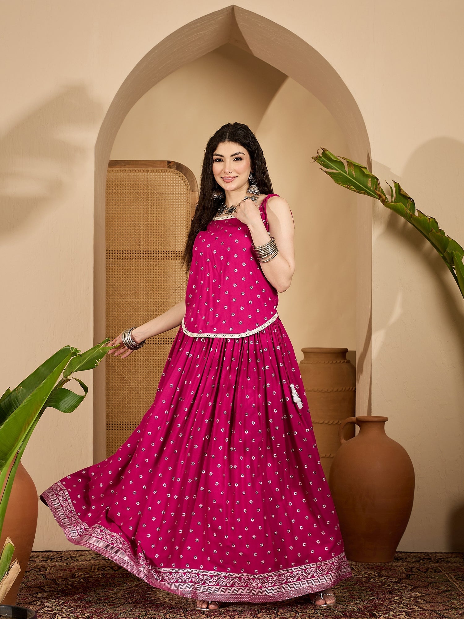 Women's Pink Ethnic Printed Rayon Vest Top With Skirt (STPINKPOPAT) | 