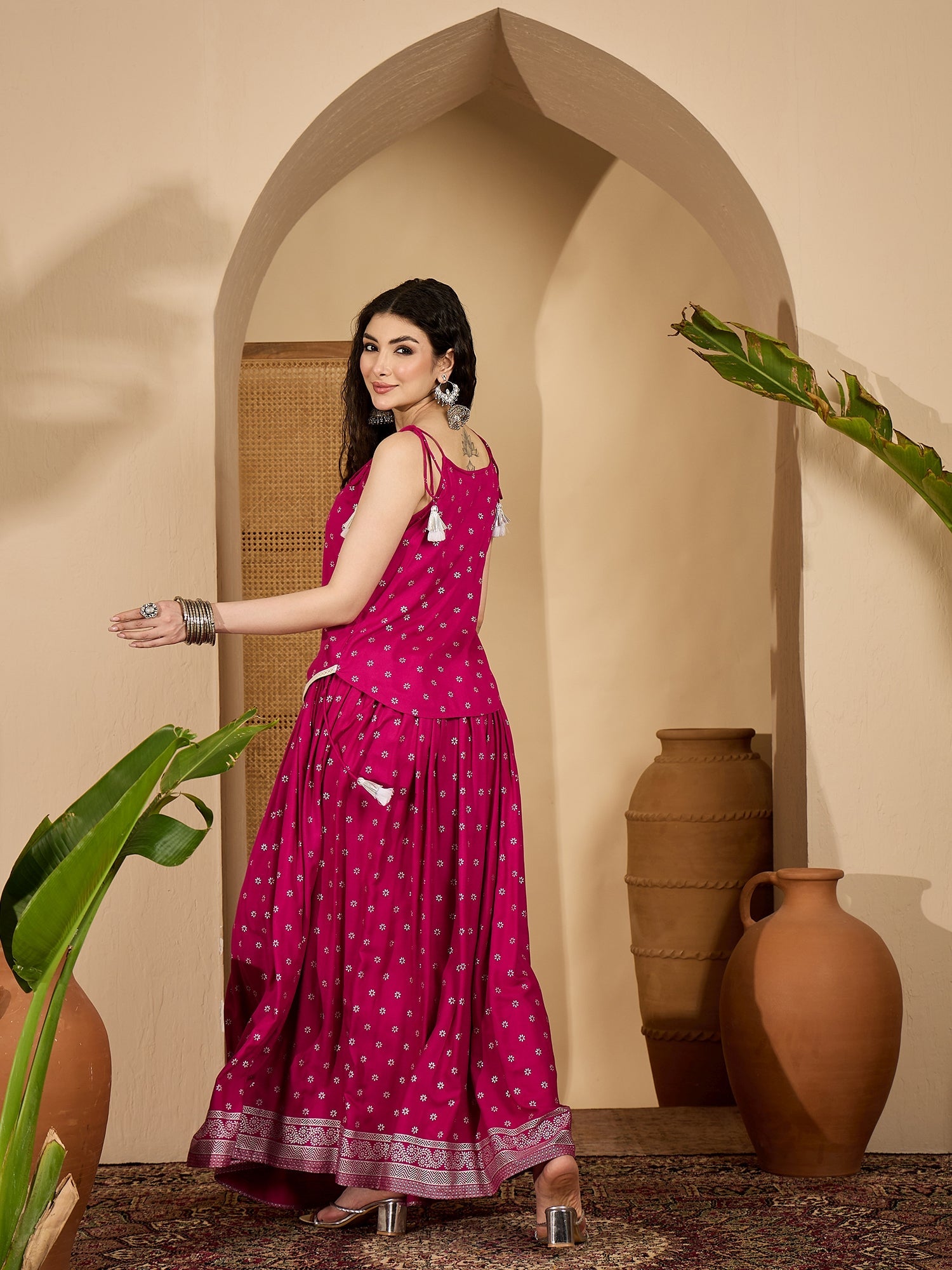 Women's Pink Ethnic Printed Rayon Vest Top With Skirt (STPINKPOPAT) | 