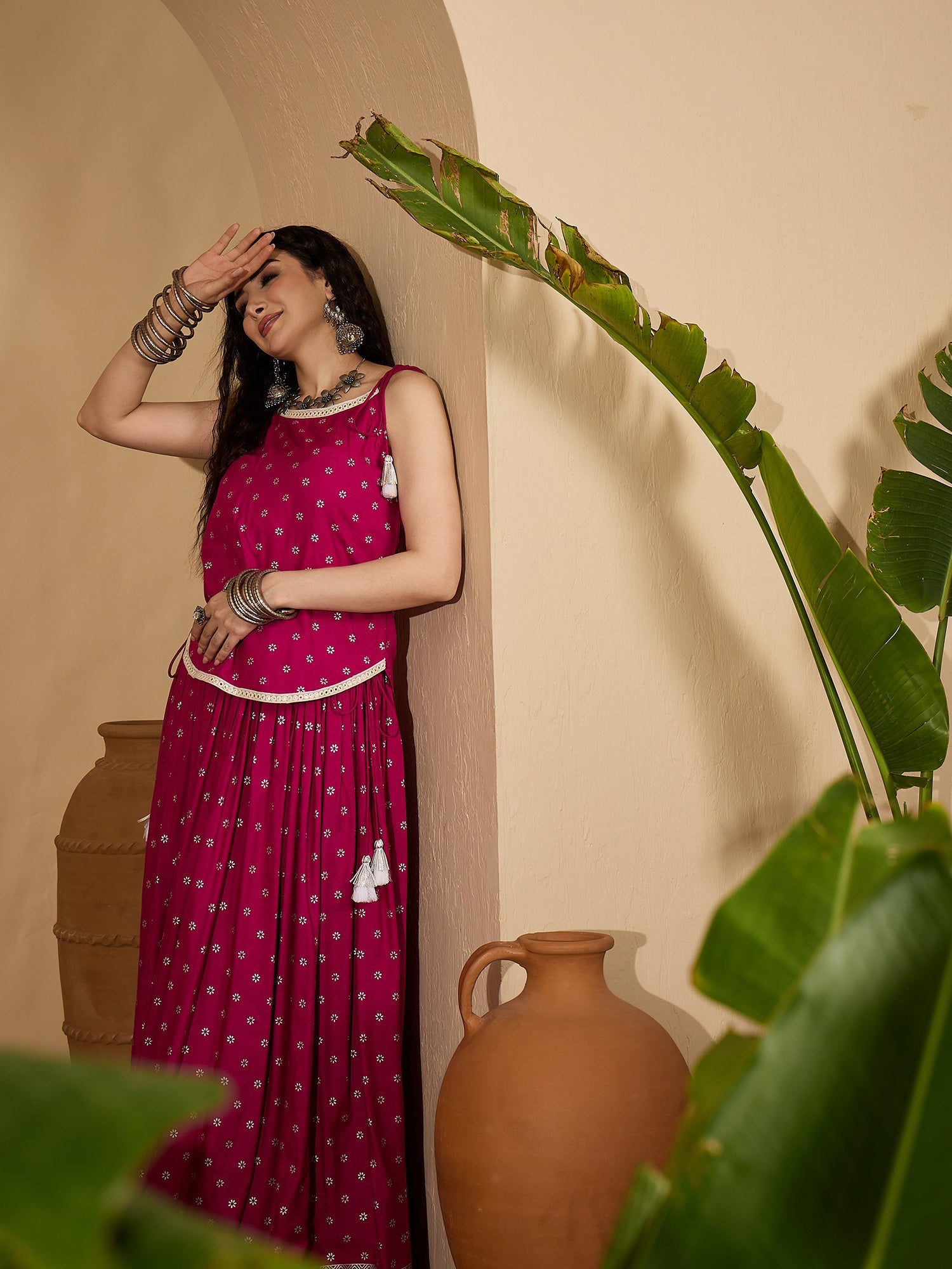 Women's Pink Ethnic Printed Rayon Vest Top With Skirt (STPINKPOPAT) | 