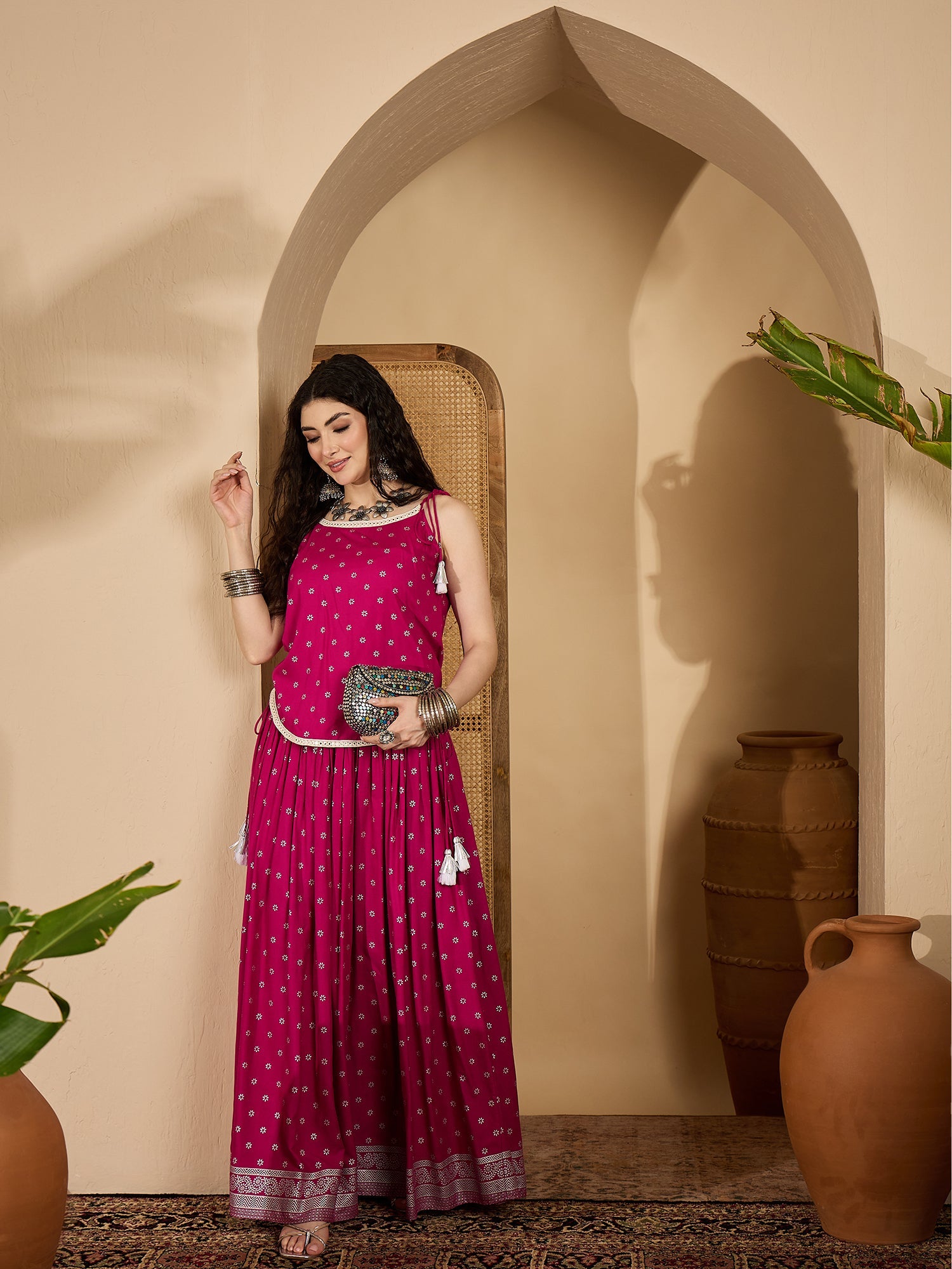 Women's Pink Ethnic Printed Rayon Vest Top With Skirt (STPINKPOPAT) | 