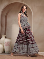 Stylum Women's Purple Ethnic Printed Rayon Short Peplum Top With Skirt (STPURPLEMONACO)