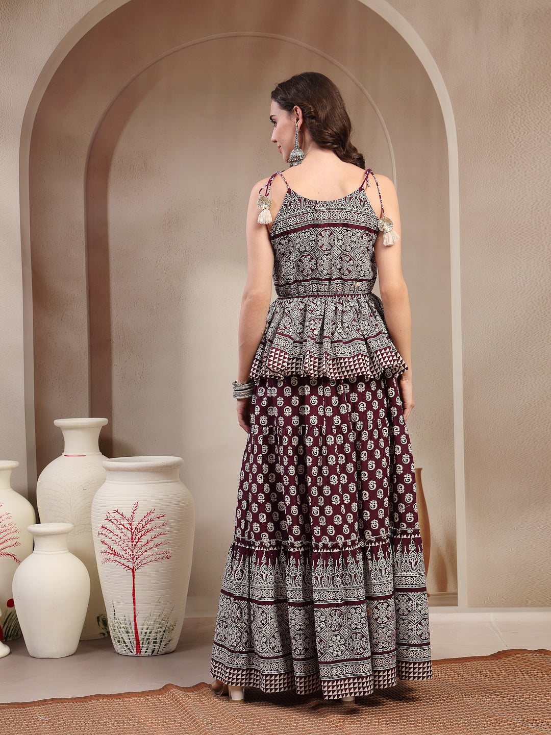 Women's Purple Ethnic Printed Rayon Short Peplum Top With Skirt (STPUR
