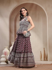 Stylum Women's Purple Ethnic Printed Rayon Short Peplum Top With Skirt (STPURPLEMONACO)