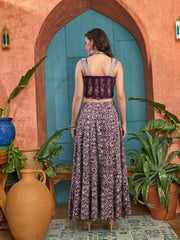 Stylum Women's Purple Ethnic Printed Cotton Ethnic Top With Skirt (STPURPLESARAS)