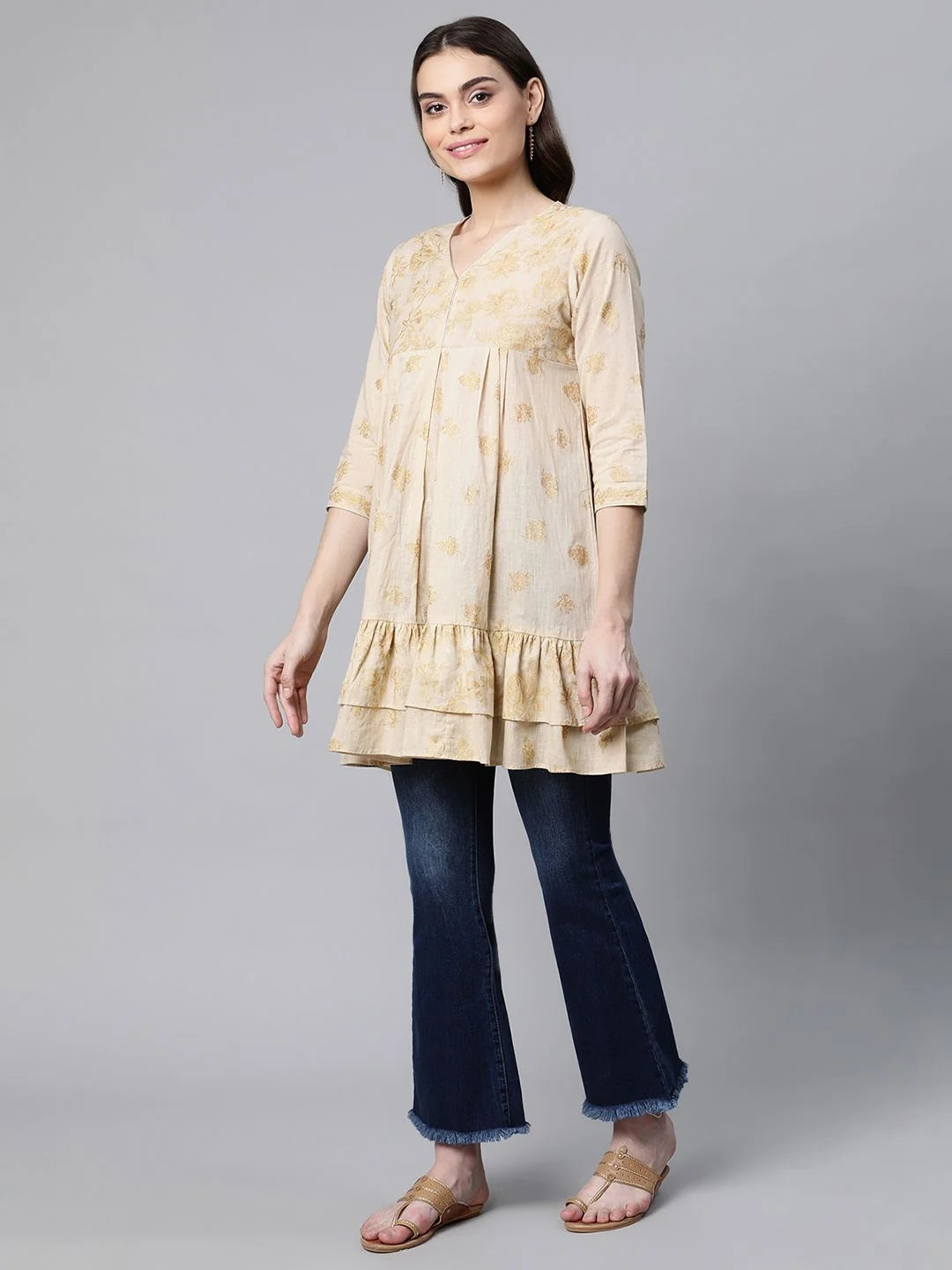Beige & Gold Printed Tunic Top - Indian Kurtis for Women