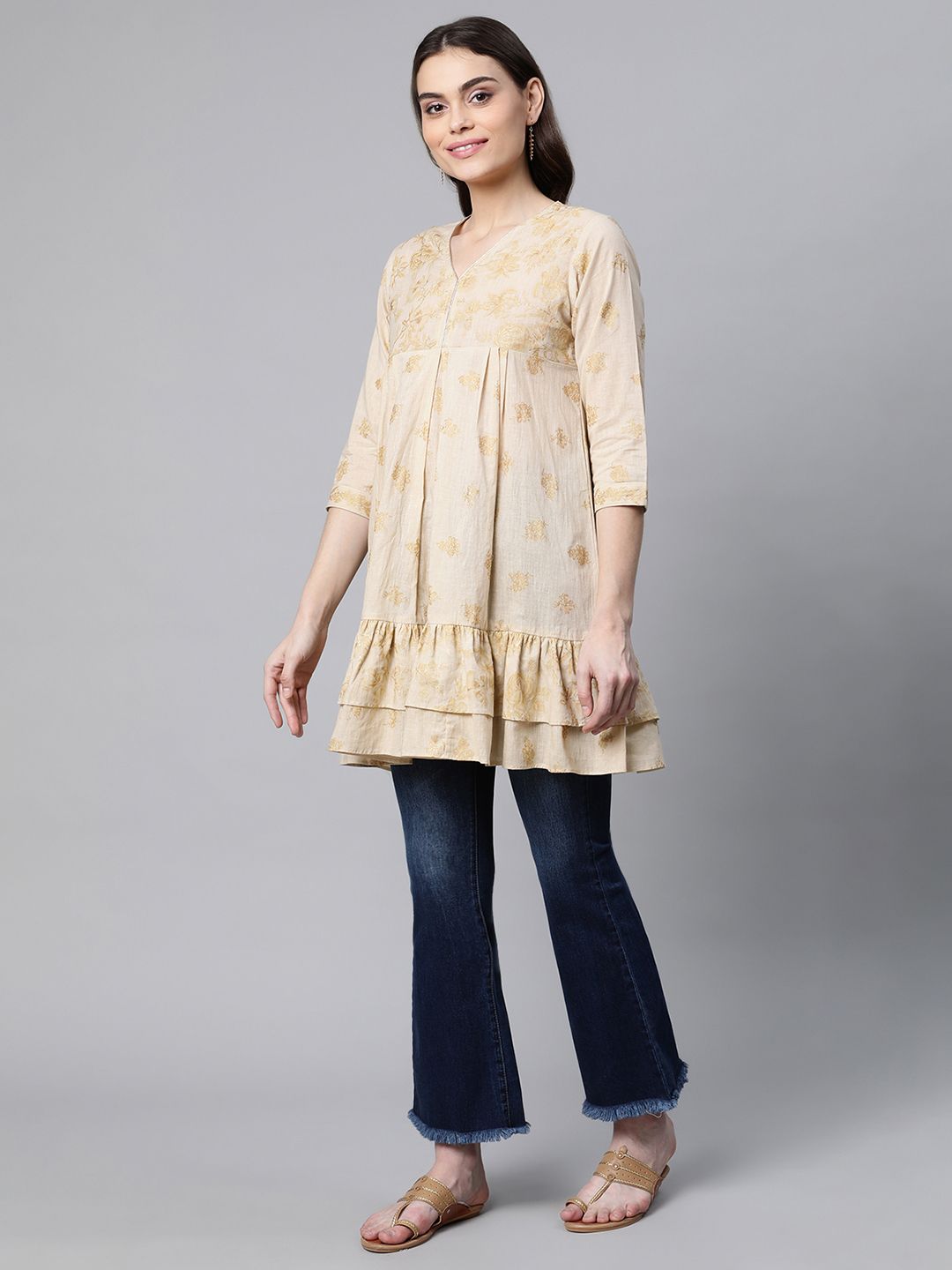 Beige & Gold Printed Tunic Top - Indian Kurtis for Women