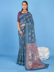 Women's Satin Cream Printed Designer Saree With Blouse Piece-KOBE383005