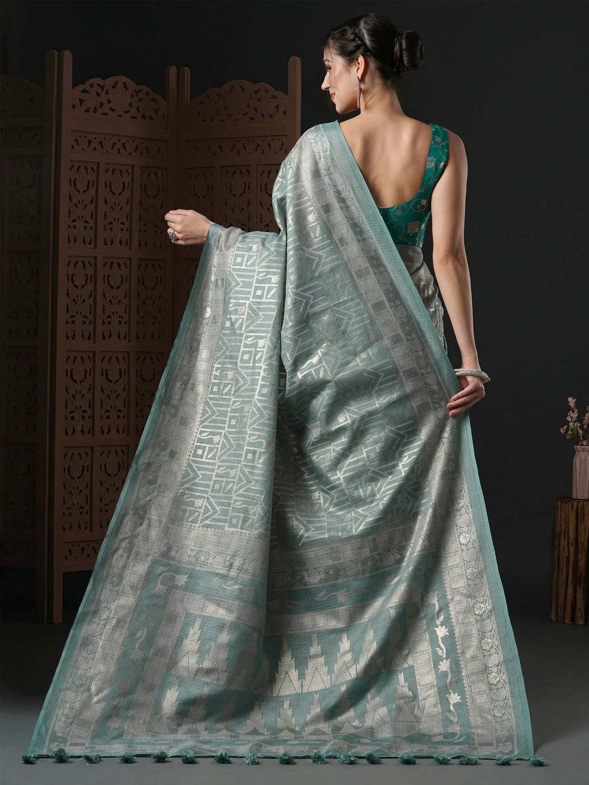 Women's Kota Doria Cotton Grey Printed Designer Saree With Blouse Piece-SUMITRA101