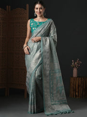Women's Kota Doria Cotton Grey Printed Designer Saree With Blouse Piece-SUMITRA101