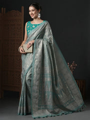 Women's Kota Doria Cotton Grey Printed Designer Saree With Blouse Piece-SUMITRA101